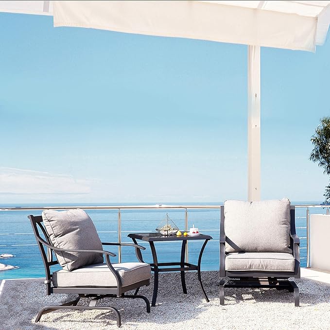 Grand patio 3-Piece Furniture Seating Motion Chairs Set Outdoor Bistro Set Patio Conversation Sets Glider Rocking Chair with Comfortable Gray Cushions Square Coffee Table for Garden Lawn & Poolside