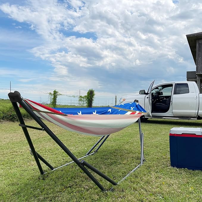 Tranquillo Uniki Adjustable Hammock with Stand for Indoor and Outdoor, Portable Camping Hammock Frame, 550 lbs Capacity, Collapsible and Durable, American Flag