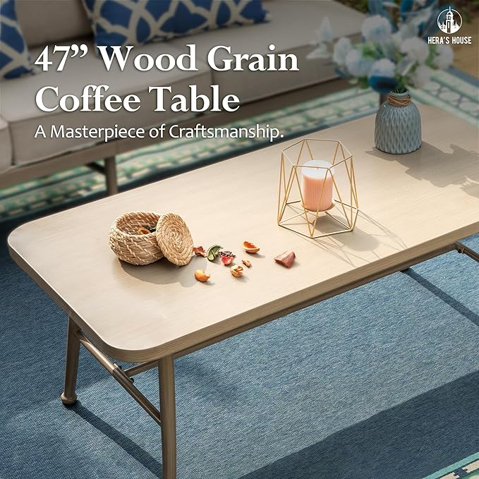 HERA'S HOUSE Patio Furniture Set, 2 x Cushioned Leg Chair, 3-Seat Sofa with Wood Grain Coffee Table, 5 Seats Luxury Windsor Style All Weahter Outdoor Sofa Conversation Set for Deck Lawn Backyard