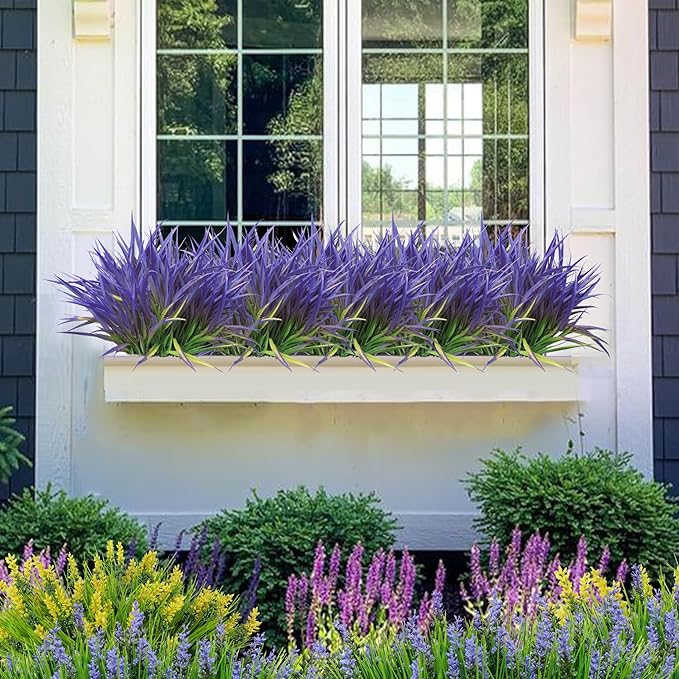 Outdoor Artificial Plants 8 Bundles Fake Plants Grass UV Resistant Fake Flowers Bush Greenery,17Inch Tall Faux Grass Shrubs for Home Porch Pathway Garden Décor Outside Indoor (Purple)