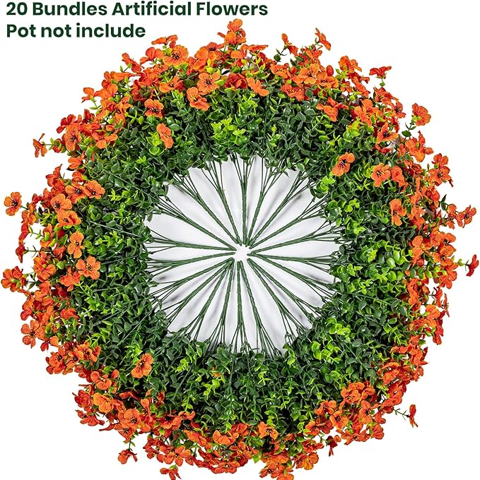 20 Bundles Artificial Flowers for Outdoor Fake Plants for Spring Decoration,Faux Eucalyptus Flowers for Planter UV Resistant Lifelike for Home Porch Garden（Orange）