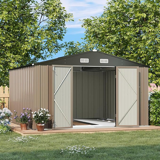 Patiowell 10 x 10 FT Outdoor Storage Shed with Floor Frame, Metal Yard Shed with Design of Lockable Doors, Utility and Tool Storage for Garden, Patio, Backyard, Outside use, Brown