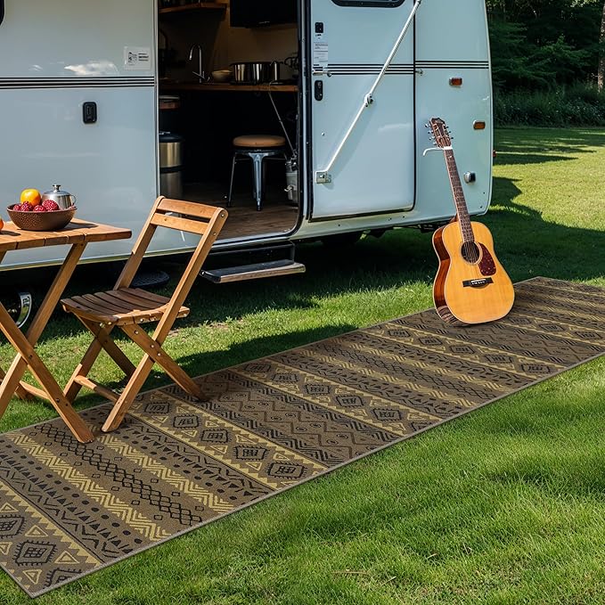 GENIMO Outdoor Rug for Patio Clearance, 2'x10' Reversible Plastic Straw Rugs, Lightweight Waterproof RV Camping Mat for Camper, Balcony, Deck, Backyard, Picnic, CoffeeBeige