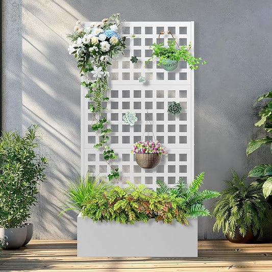 Metal Raised Garden Bed with Trellis, 2 in 1 Trellis with Planter Box & Privacy Screen for Climbing Plants, Vine, Outdoor Standing Flower Beds with Drainage Holes, 35.4"L x 16.7"W x 70.8"H, White