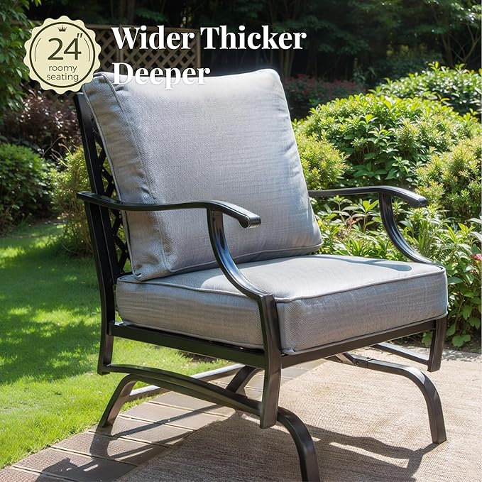 Patio Furniture Set 6 pcs, Outdoor Patio Furniture, 3-Seat Sofa, 2 Rocking Chairs, 2 Ottomans, Coffee Table and 5.75" Extra Thick Cushion, Patio Conversation Set for Backyard Deck,Grey