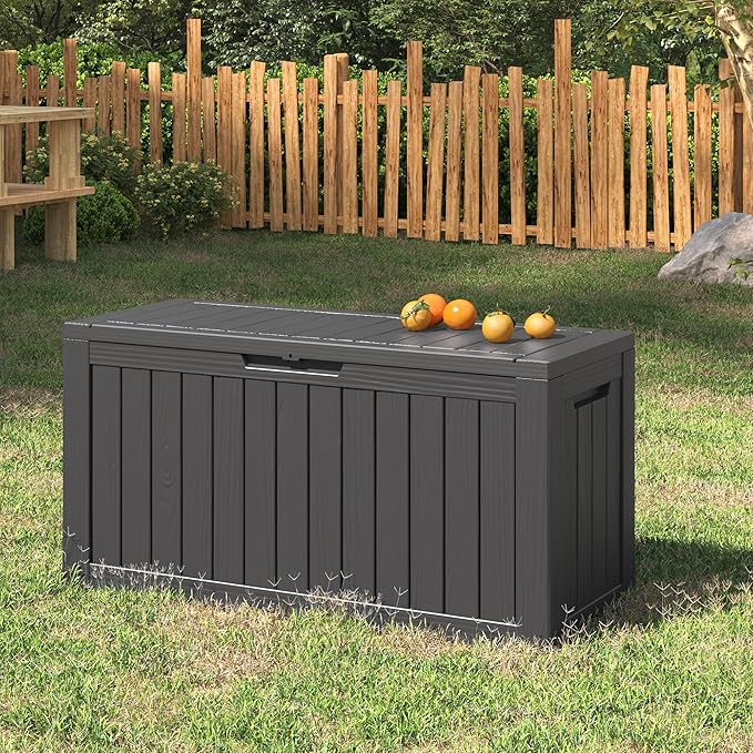 NUNU LAB 76 Gallon Deck Box, Large Resin Outdoor Storage Box, Waterproof Patio Storage Container with Double Wall Panels for Cushions, Garden Tools, Pool Toys, and Packages