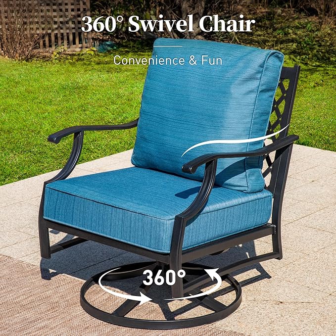 4 Piece Metal Outdoor Patio Furniture Sets with 5000 BTU Firepit Table, Patio Conversation Sets 3-seater Sofa, 2 Swivel Chair with 5.75" Thick Cushion, Black Backyard Furniture, Blue-2