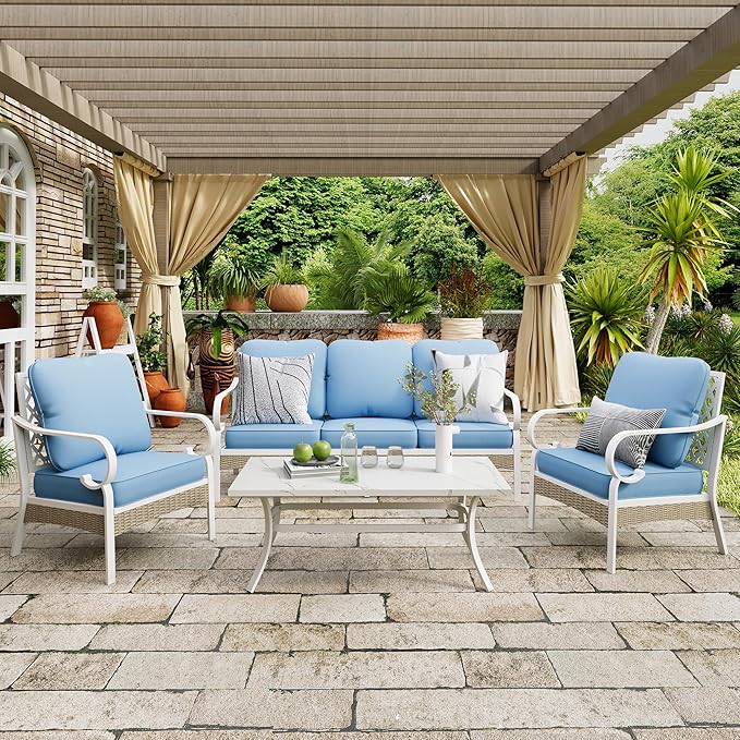 4 Piece Patio Furniture Set, 2 x Fixed Chair, 1 x 3-Seat Sofa with Marbling Coffee Table, All Cushioned 5 Seats Outdoor Conversation Set for Lawn Garden Backyard, Blue