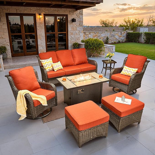 ovios 7 Pieces Patio Furniture Set, Outdoor Wicker Sofa Couch with Swivel Chairs 42" Fire Pit Table, All Weather High Back Modern Conversation Sets, Brown Rattan, Orange Red