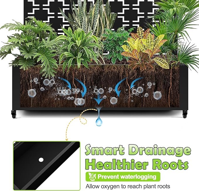 15.7"×70.9"×47.2" Metal Raised Garden Bed with Trellis and Wheels - Tall Trellis Planter Box for Climbing Plants, Vegetables & Vines - Outdoor Privacy Planters for Patio (Black-Square)