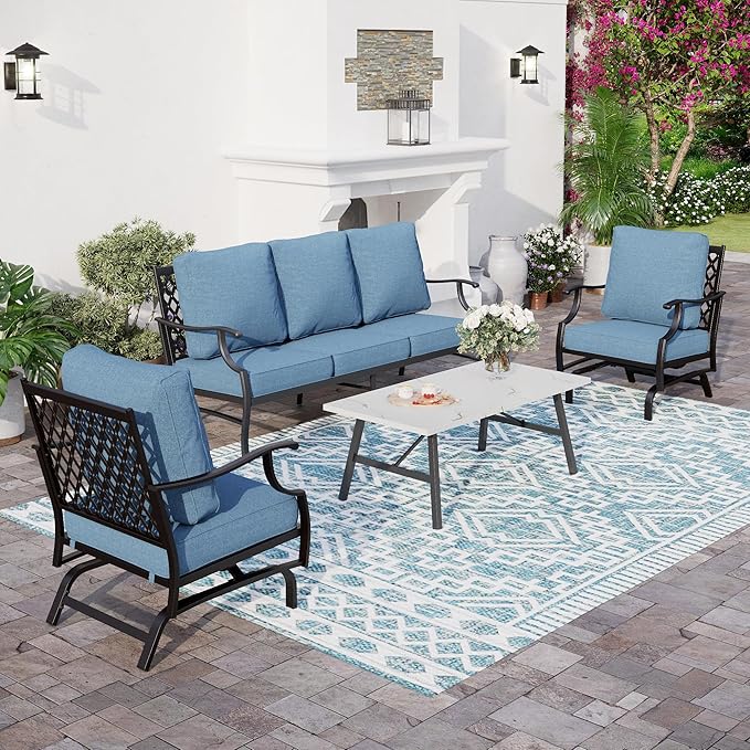 4 Piece Metal Outdoor Patio Furniture Set, Patio Conversation Set 1 3-seater Sofa, 2 Rocking Chair with 5.75" Extra Thick Cushion and Coffee Table, Black Frame Backyard Furniture, Navy