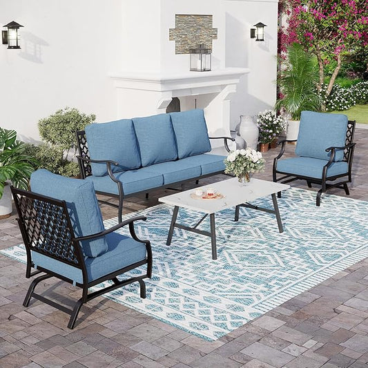 4 Piece Metal Outdoor Patio Furniture Set, Patio Conversation Set 1 3-seater Sofa, 2 Rocking Chair with 5.75" Extra Thick Cushion and Coffee Table, Black Frame Backyard Furniture, Navy