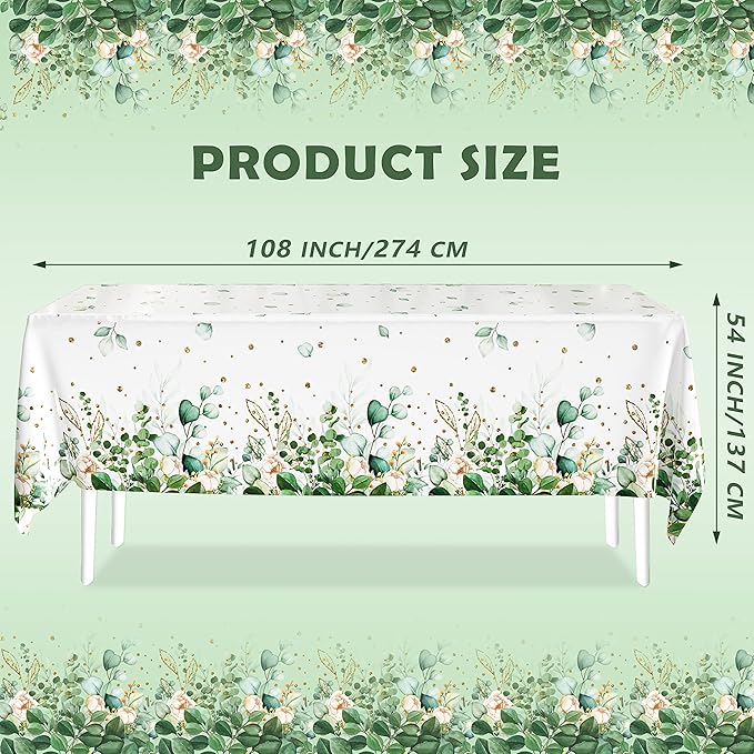 Sage Green Eucalyptus Leaf Tablecloth for Baby Shower Party Decoration Disposable Plastic Sage Greenery Tablecloth Table Cover Boho Woodland Neutral Baby Shower Wedding Party 54 x 108IN (3, Greenery)