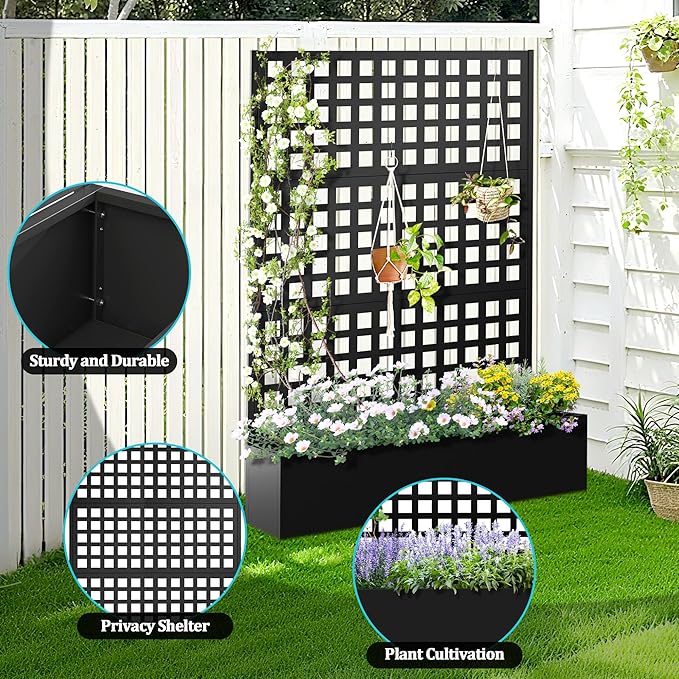 Metal Planter Box with Trellis, Planter Box with Privacy Screen, Privacy Trellis Outdoor for Climbing Plants with Drainage Holes, Raised Garden Bed for Vegetables