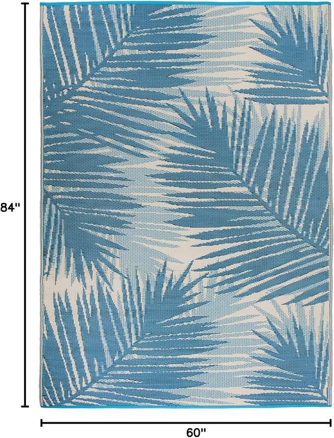 Rugshop Tropical Floral Reversible Crease-Free Waterproof Premium Recycled Plastic Outdoor Rugs for Patio,Backyard,RV,Deck,Picnic,Trailer,Beach,Camping Blue 5' x 7'