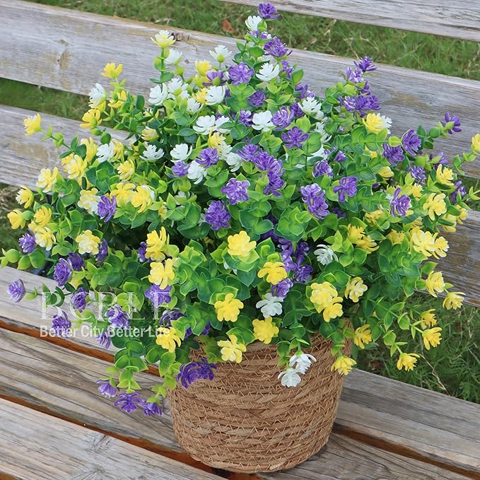 Artificial Flowers for Outdoors, 12 Bundles UV Resistant Realistic Faux Plants for Outside Porch Planter, Spring Summer Home Garden Decoration