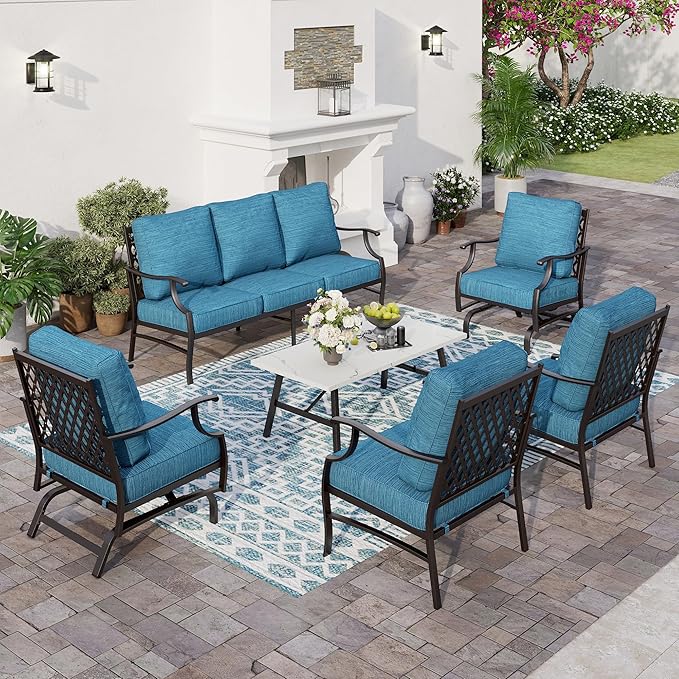 6 Piece Metal Outdoor Patio Furniture Set, Patio Conversation Set 3-Seater Sofa, 2 Rocking Chair, 2 Leg Chair with 5.75" Thick Cushion and Coffee Table, Backyard Furniture Set, Blue-2