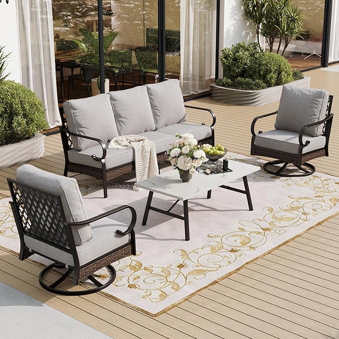 4 PCS Metal Outdoor Patio Furniture Set, Patio Conversation Sets 1 3-Seater Sofa, 2 Swivel Chairs with 5.75" Extra Thick Cushion & Coffee Table, Black Backyard Furniture, Light Gray