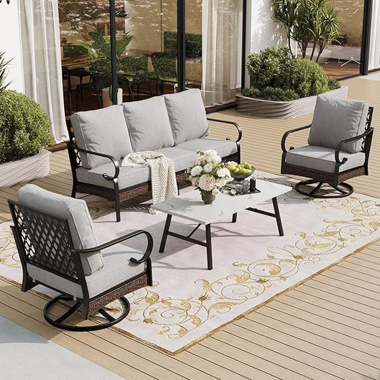 4 PCS Metal Outdoor Patio Furniture Set, Patio Conversation Sets 1 3-Seater Sofa, 2 Swivel Chairs with 5.75" Extra Thick Cushion & Coffee Table, Black Backyard Furniture, Light Gray