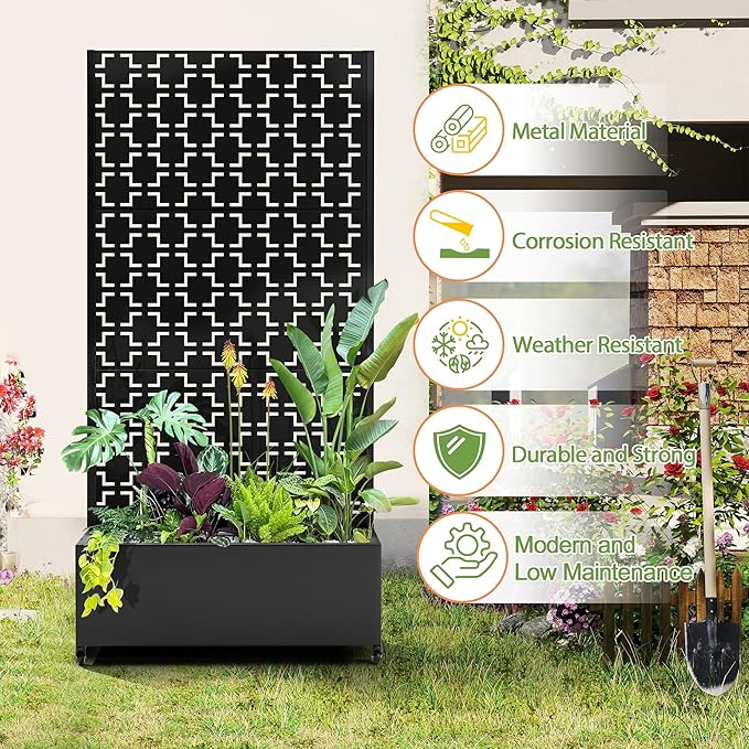 Raised Garden Bed with Trellis and Wheels,73"x35"x16" Metal Raised Garden Bed,Black Squared Metal Planter with Climbing Trellis for Vines & Vegetables