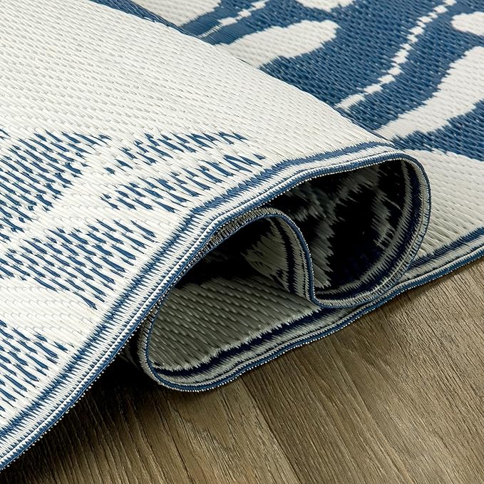 Rugshop Tropical Floral Leaf Reversible Crease-Free Waterproof Premium Recycled Plastic Outdoor Rugs for Patio,Backyard,RV,Deck,Picnic,Trailer,Beach,Camping,Sunroom Navy/Blue 7'10" x 10'