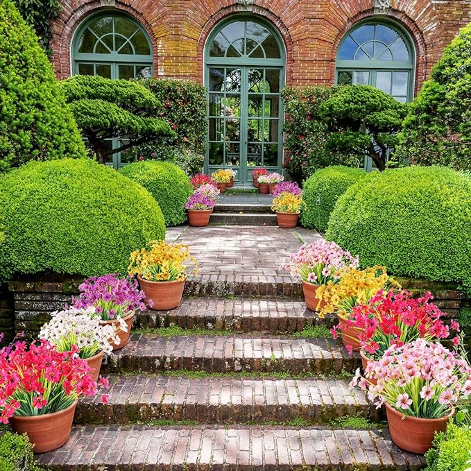 12 Bundles Artificial Flowers Outdoor UV Resistant Fake Flowers No Fade Plastic Plants Garden Porch Window Box Decorating (White)