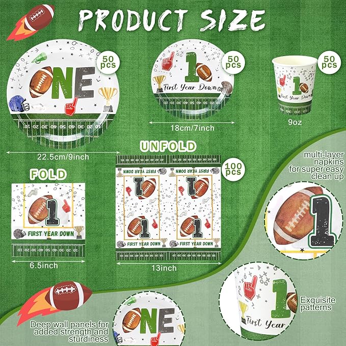 Hsei 250 Pcs First Year Football Plates and Napkins Party Decorations Disposable Tableware Sets Baby Shower Birthday Party Supplies Serves 50 Guests Dinnerware Baby Bridal Shower Party Favors