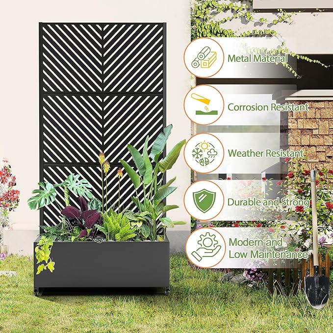 Raised Garden Bed with Trellis and Wheels,73"x35"x16" Metal Raised Garden Bed,Black Parallel Metal Planter with Climbing Trellis for Vines & Vegetables