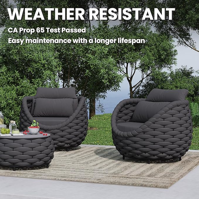 6 PCS Front Porch Accent Chair: Aluminum Woven Rope Armchair Assembled - Cushioned Patio Single Chair w/Arms Modern - All Weather Balcony Furniture for 400lbs Outdoor Yard Deck Hotel, Dark Gray