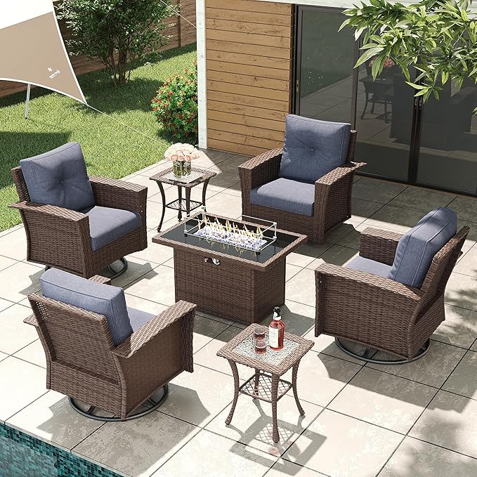 LayinSun 7 Piece Wicker Patio Furniture Set with Fire Pit Table, Classis Outdoor Conversation 360 Degree Swivel Chairs Set with Coffee Table