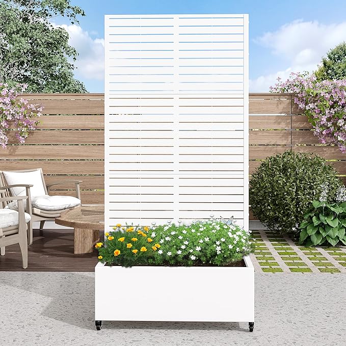 Casaphoria Metal Raised Garden Bed with Trellis and Wheels, 72"x35"x16" Planter Box for Climbing Plants, Vegetables & Vines, Features Drainage Holes and Privacy Screen (White-Louvered)