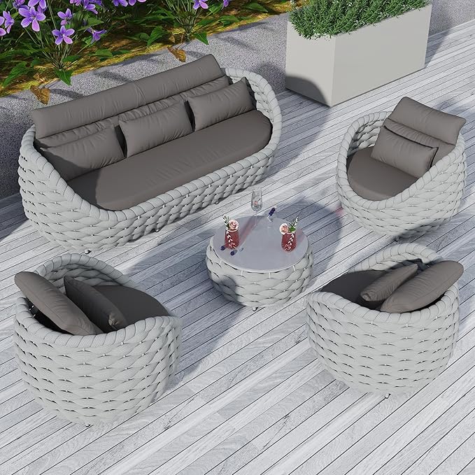 6-Piece Aluminum Patio Furniture Set, Modern Outdoor Conversation Set Sectional Sofa with Water Repellent Thick Cushions and Coffee Table for Balcony, Garden