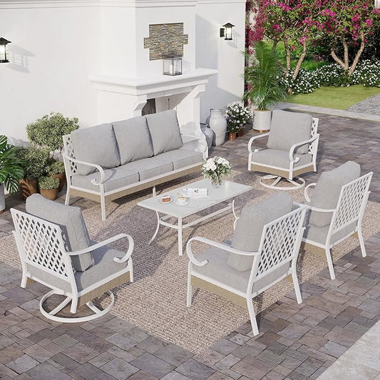 6 Piece Metal Outdoor Patio Furniture Set, Patio Conversation Set 1 3-Seater Couch, 2 Fixed Sofa, 2 Swivel Sofa with 5.75" Thick Cushion and Coffee Table White Backyard Furniture, Gray
