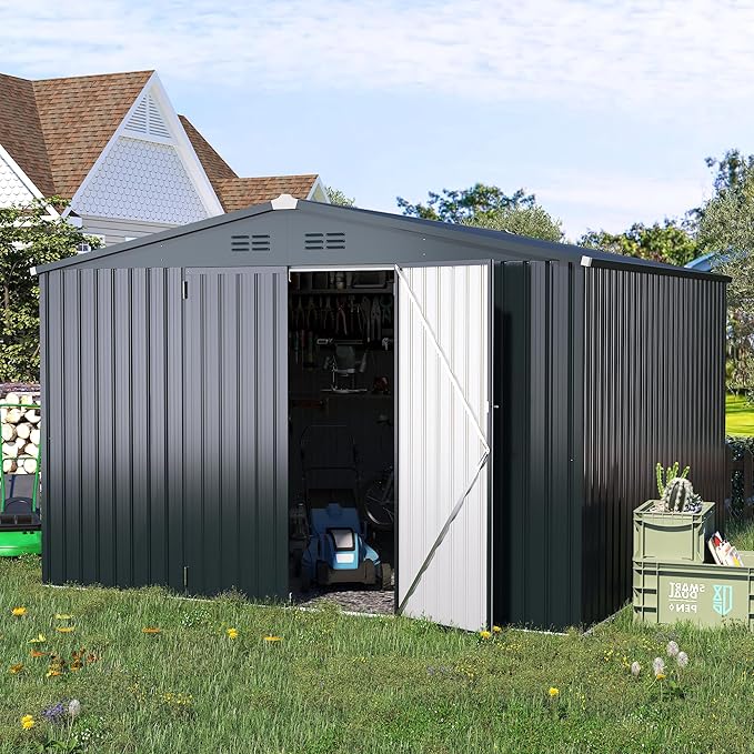 AECOJOY Shed 10'x10' Storage Shed, Large Metal Storage Sheds & Outdoor Clearance, Steel Backyard Shed with Lockable Doors, Utility and Tool Storage for Garden, Patio, Outside Use in Dark Grey