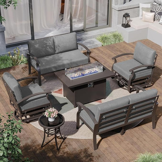 Kurapika Aluminum Patio Furniture Set 6-Seat Modern Metal Outdoor Conversation Sets w/45in Propane Fire Pit Table, Swivel Rocking Chairs Patio Sectional Sofa w/5.1 Inch Cushion, Grey