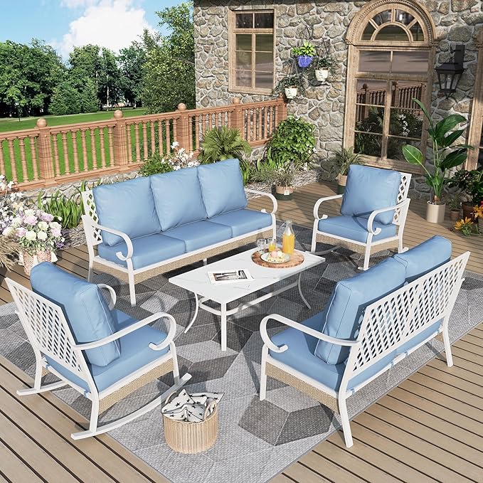 5 Piece Patio Furniture Set, 2 x Rocking Chair, 1 x 2-Seat Sofa, 1 x 3-Seat Sofa with Marbling Coffee Table, All Cushioned 7 Seats Outdoor Conversation Set for Lawn Garden Backyard, Blue