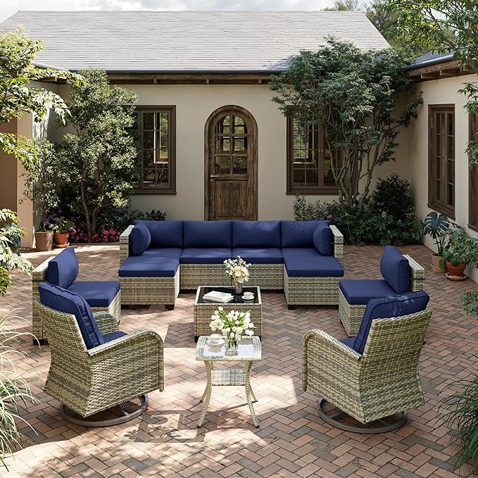 12-Piece Patio Furniture Set, Outdoor Patio Furniture with Swivel Chairs Set, Ottomans, Modular Patio Sofa, Dual-Strand Wicker Rattan, Rust-Resistant Frame, Navy Blue