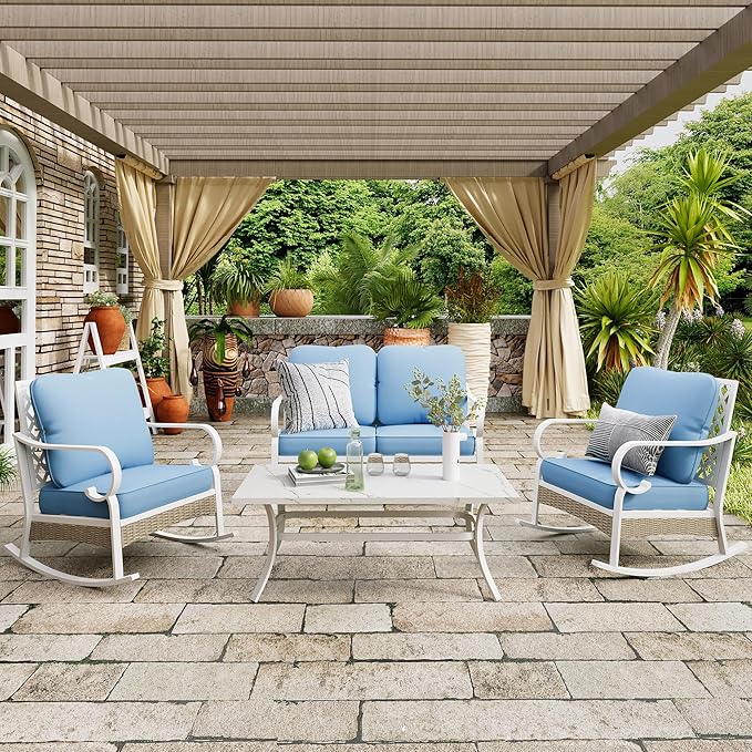 4 Piece Patio Furniture Set, 2 x Rocking Chair, 1 x 2-Seat Sofa with Marbling Coffee Table, All Cushioned 4 Seats Outdoor Conversation Set for Lawn Garden Backyard, Blue