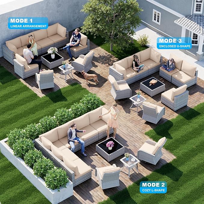 10-Piece Patio Furniture Set, Outdoor Patio Furniture with Swivel Chairs Set, Thick Cushions, Modular Patio Sofa, Dual-Strand Wicker Rattan, Rust-Resistant Frame, Sand