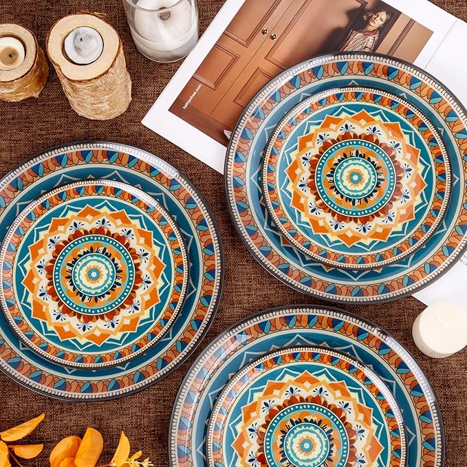 60PCS Bohemian Plastic Plates - Boho Plate Disposable - Vintage Bohemian Style Plate Include 30 Dinner and 30 Dessert Plates for Kitchen Party Decorative