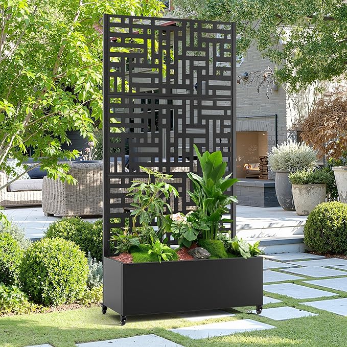 15.7"×70.9"×35.4" Metal Raised Garden Bed with Trellis and Wheels - Tall Trellis Planter Box for Climbing Plants, Vegetables & Vines - Outdoor Privacy Planters for Patio (Black-Helen)