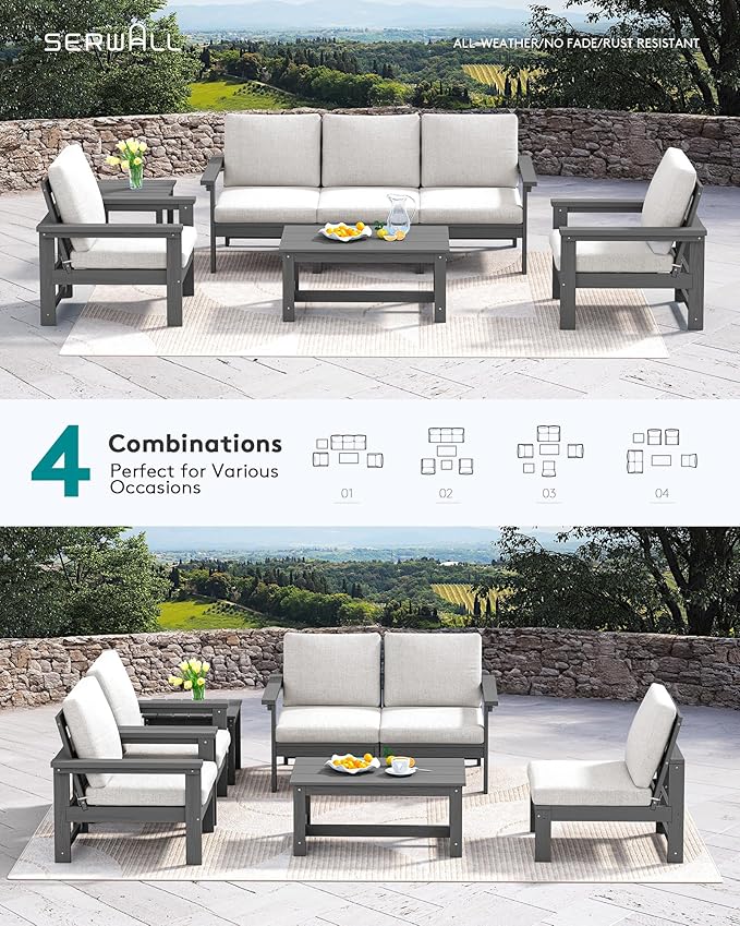 SERWALL HDPE Patio Furniture Set, 7-Piece Outdoor Sectional Sofa Set, All Weather Outdoor Couch Set for Deck, Lawn, Grey Frame with Khaki Cushion