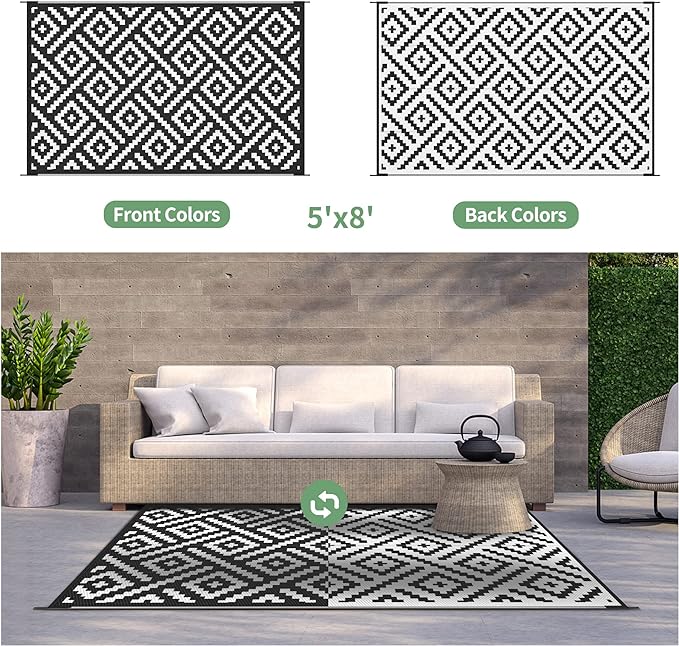 GENIMO Outdoor Rugs 8x10 Waterproof, Reversible Mats, Area Plastic Straw Rug, Outside Carpet, Geometric Rv Mat for Patio Camping Picnic Backyard Deck Balcony Porch Beach Trailer (Black & White)