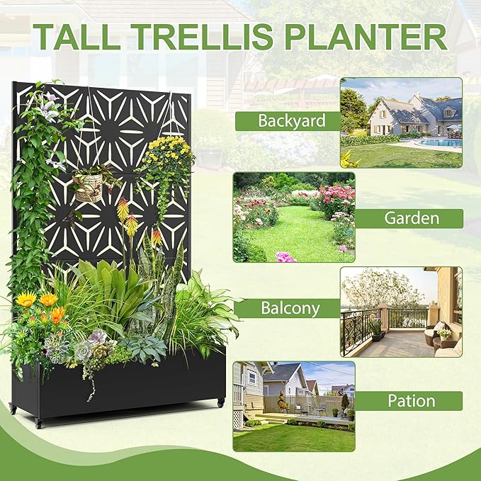 Raised Garden Bed with Trellis and Wheels,73"x47"x16" Metal Raised Garden Bed,Black Star Metal Planter with Climbing Trellis for Vines & Vegetables