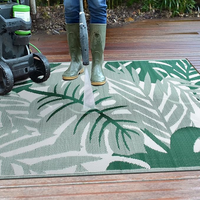 Rugshop Tropical Leaf Reversible Crease-Free Waterproof Premium Recycled Plastic Outdoor Rugs for Patio,Backyard,RV,Deck,Picnic,Trailer,Beach,Camping,Sunroom Green 5' x 7'