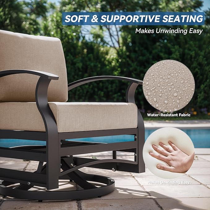 Kurapika 5 Piece Modern Metal Outdoor Conversation Sets, Patio Furniture Set, 4 Aluminum Swivel Chairs w/48in Round Propane Fire Pit Table and Thickened Cushions, Sand