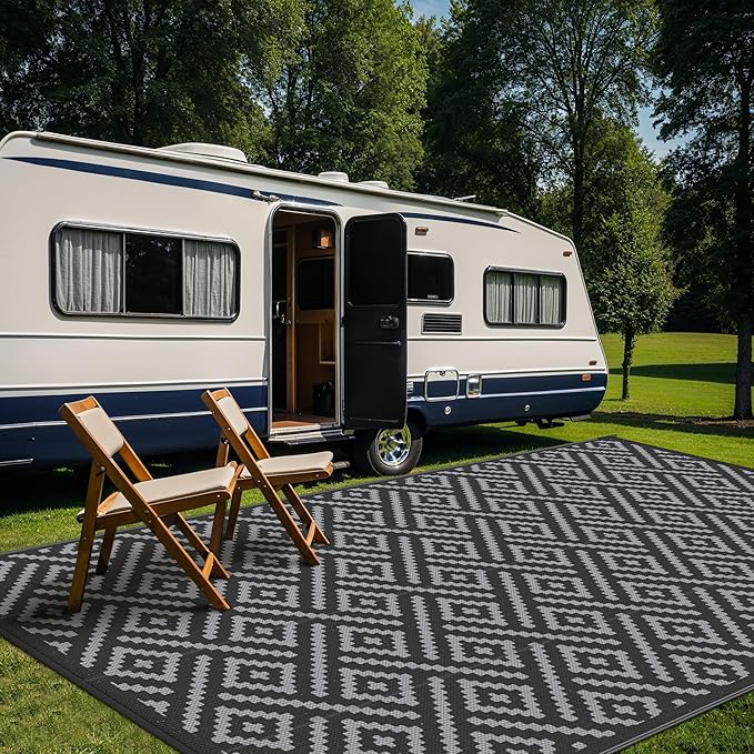 GENIMO Outdoor Rug Waterproof, 10' x 20' Reversible Plastic Straw Rug, Lightweight Large RV Camping Mat for Patio, Deck, Camper, Balcony, Backyard, Picnic, Black & Gray