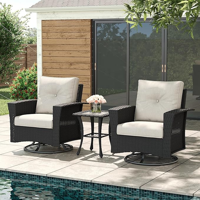 LayinSun 3 Piece Wicker Patio Furniture Set, Classis Outdoor Conversation 360 Degree Swivel Chairs Set with Coffee Table