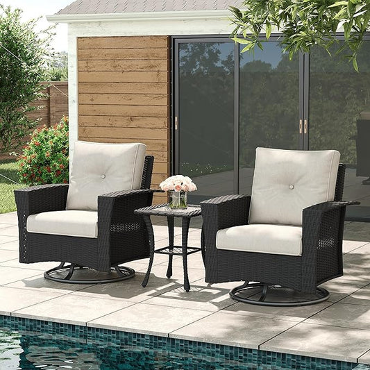 LayinSun 3 Piece Wicker Patio Furniture Set, Classis Outdoor Conversation 360 Degree Swivel Chairs Set with Coffee Table