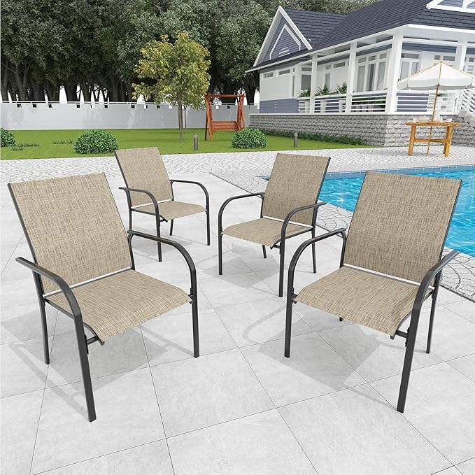 AECOJOY Patio Dining Chairs Set for 4, Stackable Textilene Patio Chairs with Armrests and Metal Frame, Outdoor Furniture Set for All Weather, Backyare, Deck and Garden, Brown